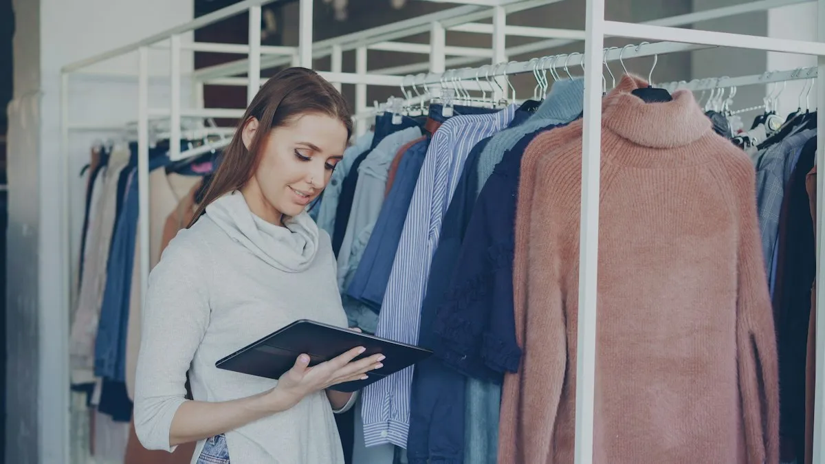 صاحب فروشگاه پوشاک در حال مدیریت فروش آنلاین با تبلت