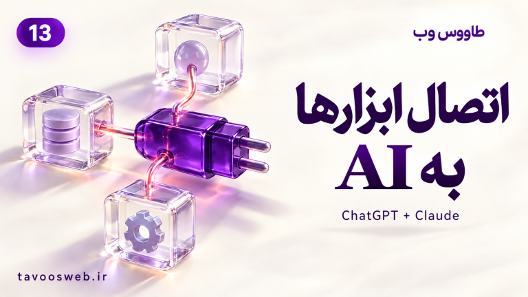 تصویر مفهومی Plugins و Connectors در ChatGPT و Claude؛ اتصال ابزارها با دسترسی حسابشده با طراحی بنفش طاووس وب