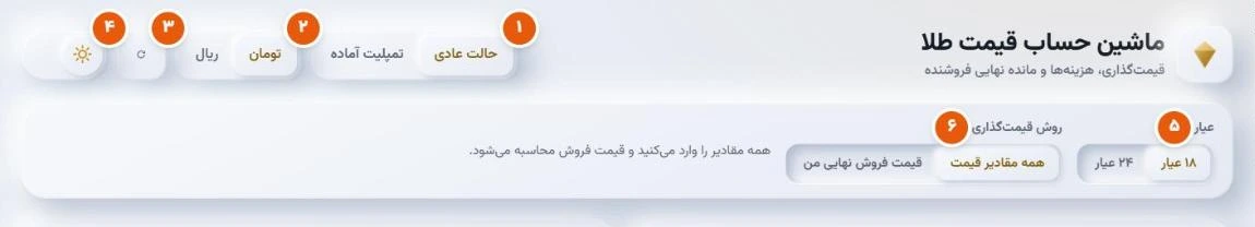 نوار بالای ماشین حساب طلا: حالت، واحد پول، ریست، حالت تیره، عیار و روش قیمتگذاری