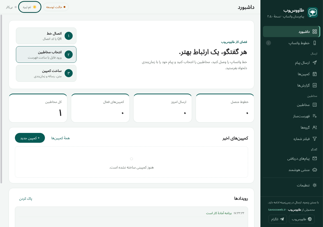 داشبورد روشن WA Message Sender 2.5.0 با شمارندهها و مراحل اتصال خط، افزودن مخاطبین و ساخت کمپین